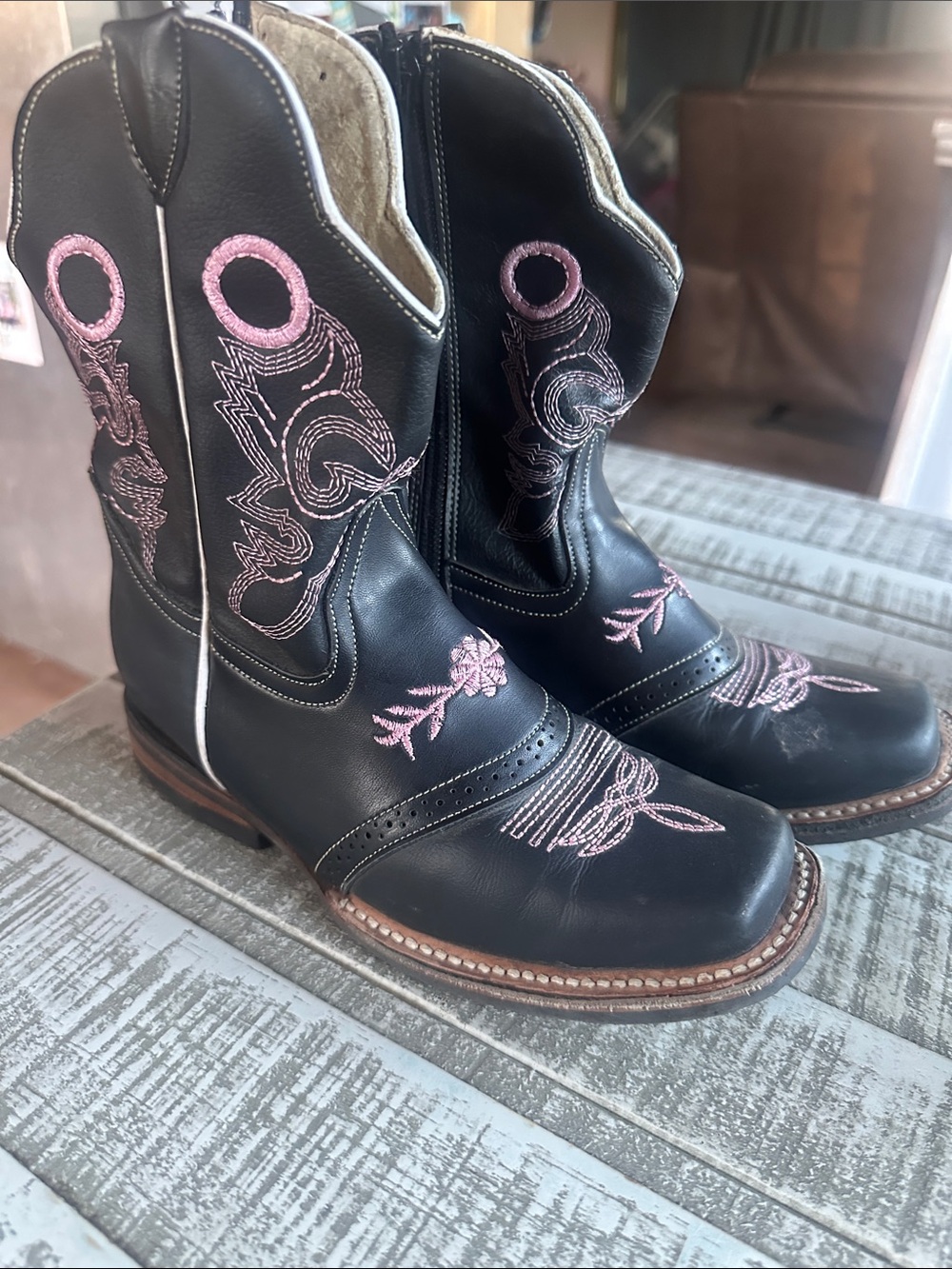 Kids dark brown Western Ankle Boots with Pink Embroidery